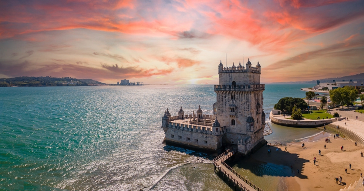 
Aerial view of Tower of Belem at sunset, Lisbon, Portugal on the Tagus River.